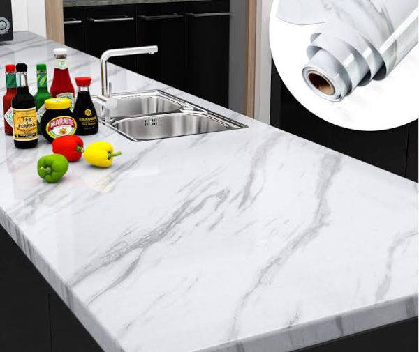 Self Adhesive White Marble Sheet For Kitchen – Anti Oil And Heat Resistant Wallpaper